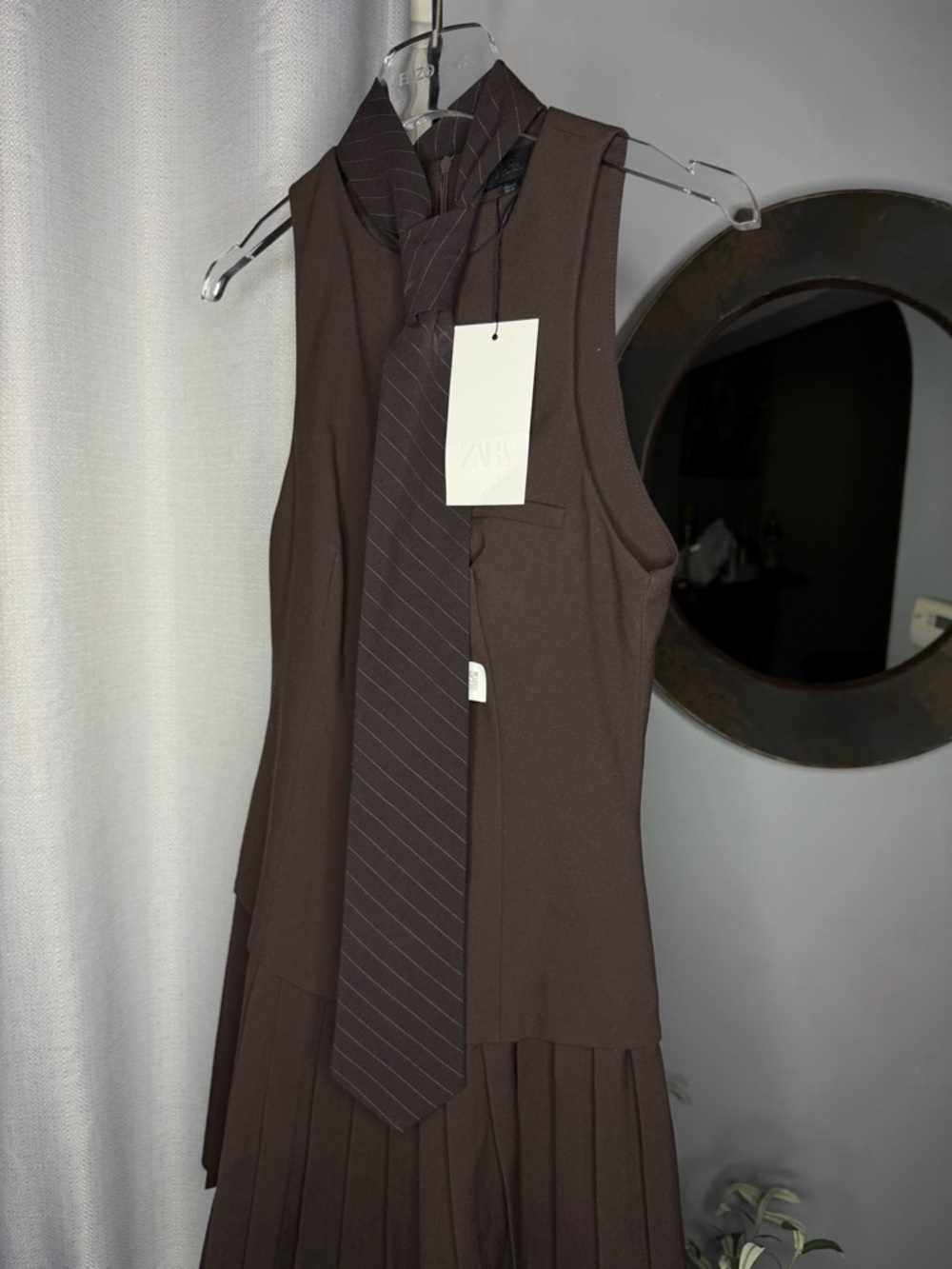 NWT Zara Woman TIE PLEATED SHORT DRESS Brown Size S Small - Picture 10 of 12